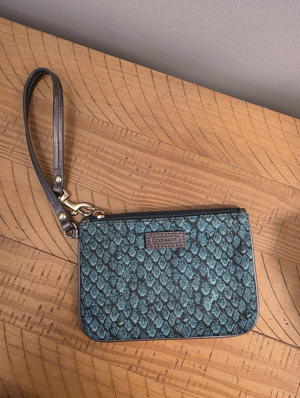 Coach Teal Snake Patterned Nylon Wristlet